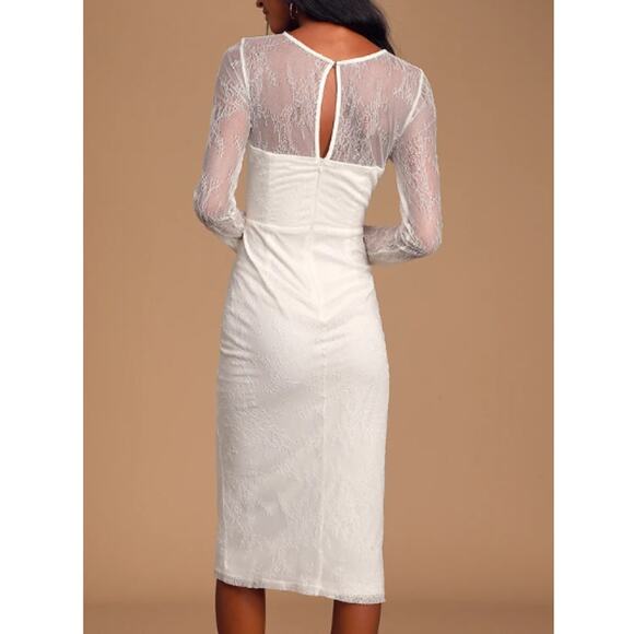 New ~ LULU'S LULUS ~ Powerful Heart White Lace Long Sleeve Bodycon Midi Dress M - Picture 2 of 10